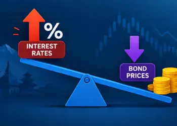 Illustration showing interest rates rising while bond prices fall, represented by a tilted seesaw with upward and downward arrows.