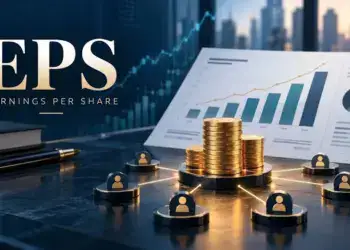 A sophisticated financial investment desk scene featuring large gold text reading "EPS EARNINGS PER SHARE" to the left, with a stack of notebooks and a pen.