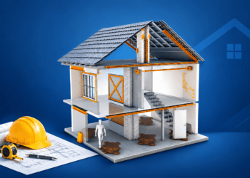 3D cutaway model of a multi-story earthquake-resistant house showing its structural framework, rooms, stairs, and reinforced construction.