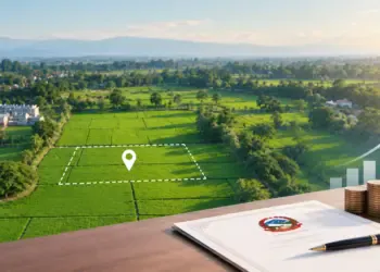 Aerial view of green farmland with a marked land parcel and location pin, alongside property registration documents, stacked coins, and an upward financial growth chart on a wooden desk.