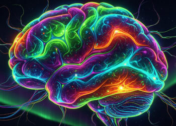 Neon-colored digital illustration of a human brain with vivid neon lights and neural connections, highlighting neuroscience, brain research, and psychological science.