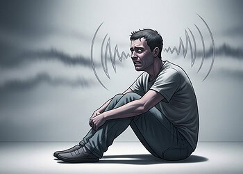 Young man sitting on the floor experiencing anxiety or distress, with dark stormy background and anxiety wave illustration, representing mental health struggles and psychological stress.
