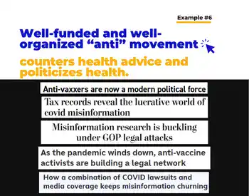 Information ecosystem disrupting health, Ex #6: A well-funded and well-organized “anti” movement counters health advice and politicizes health