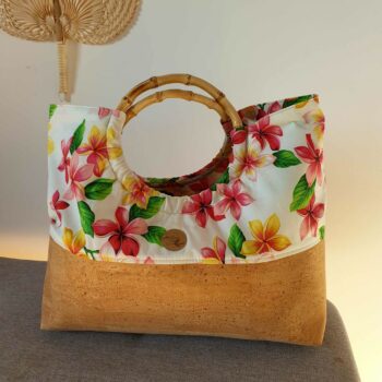 Sac Mahana de plage en liege et tissus polynesien Tipanier rose