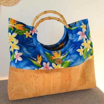 sac de plage en liege et tissu polynesien bleu tipanier
