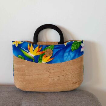 sac taina liege et tissu polynesien bleu tipanier oiseau de paradis