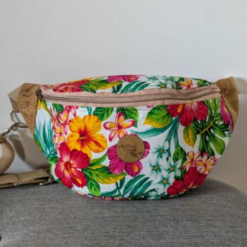 Sac banane: liège et tissu fleurs tropicales