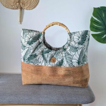 Sac Mahana en liège et anse en bambou: vert feuilles