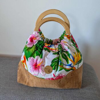 Sac Miti : liège et tissu polynésien fleurs tropicales