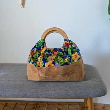 Sac Miti : liège et tissu polynésien bleu nuit tropicale