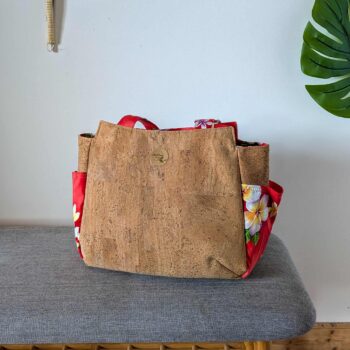 Sac Ora en liège et tissu rouge fleurs frangipanier