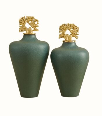 Elegant Green Crackle-Finish Decorative Jar Set with Abstract Gold Coral Lids – Set of 2