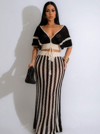 2-Piece V-Neck Hollow Top & Striped Low-Waist Long Skirt Set”
