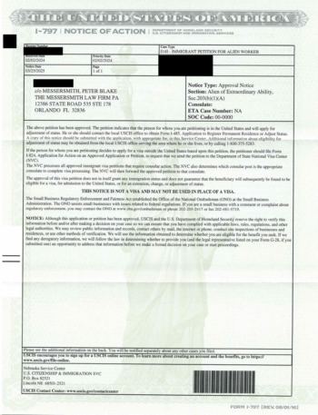 Redacted government document: EB1A Extraordinary Ability (I-140) Approval