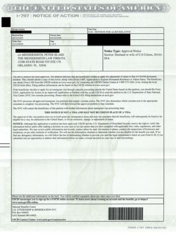 Redacted government document: Family Petition (I-130) Approval