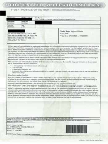 Redacted government document: Employment Authorization (EAD) Approval
