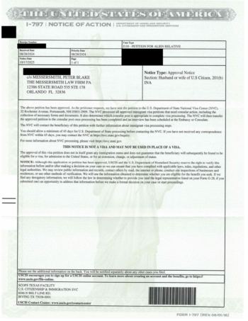 Redacted government document: Family Petition (I-130) Approval