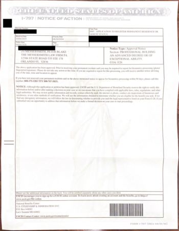 Redacted government document: Employment-Based Green Card (I-485, E26) Approval