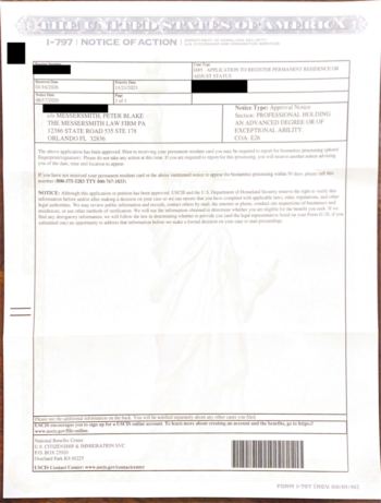 Redacted government document: Employment-Based Green Card (I-485, E26) Approval