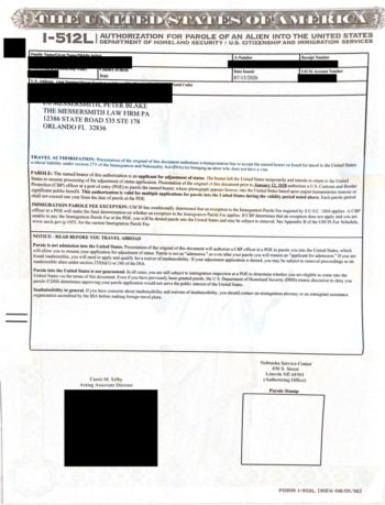 Redacted government document: Advance Parole Approval