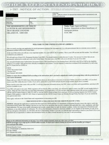 Redacted government document: Marriage Green Card (I-485, IR6) Approval