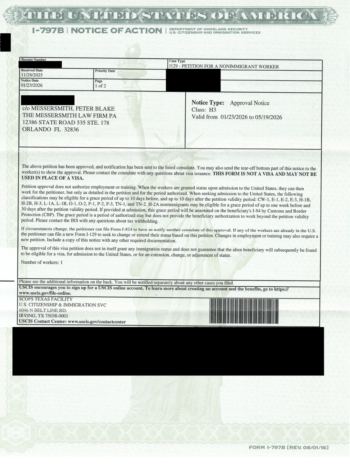 Redacted government document: H3 Nonimmigrant Petition Approval