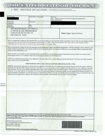 Redacted government document: J1 Home Residency Waiver (I-612) Approval