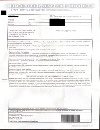 Redacted government document: Form I-601 Waiver Approval