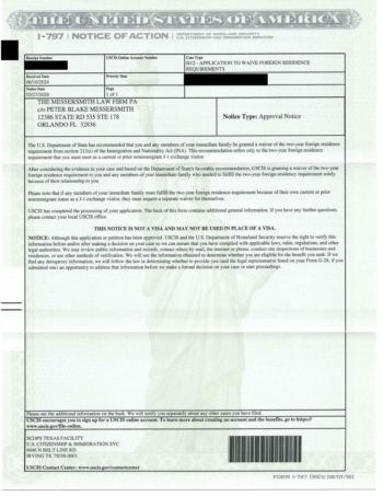 Redacted government document: J1 Home Residency Waiver (I-612) Approval
