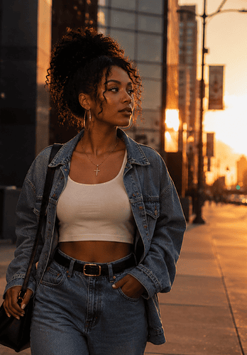 Black woman with natural makeup and a 90s-inspired denim outfit walking through downtown Detroit at golden hour.