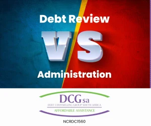 Bold "VS" design with "Debt Review" on the blue side and "Administration" on the red side, along with the DCGsa logo and branding.