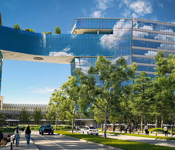 Exterior view of the mirrored oculus bridge at 1000 Social, an eco-friendly office building in Raleigh's Midtown East