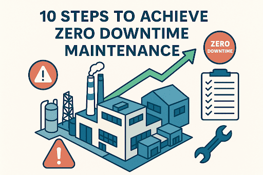  Industrial isometric illustration with factories, warning icons, a checklist, and a rising green arrow under the heading “10 Steps to Achieve Zero Downtime Maintenance.”  