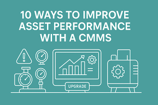  Teal landscape graphic with the heading “10 Ways to Improve Asset Performance with a CMMS” above white line-art icons of gauges, a CMMS dashboard, and an industrial machine.  
