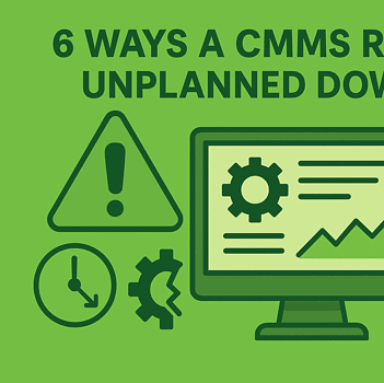  A green landscape infographic with the title “6 WAYS A CMMS REDUCES UNPLANNED DOWNTIME” in dark green at the top, showing a central computer monitor with charts and a gear icon, surrounded by a warning triangle, clock, gears, wrench, and glowing lightbulb, all in dark green and orange tones on a solid green background.
