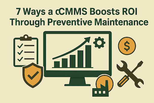 Beige landscape graphic with the heading “7 Ways a CMMS Boosts ROI Through Preventive Maintenance,” showing a computer with a rising bar chart surrounded by icons of a checklist, shield, dollar coin, tools, and a factory.  