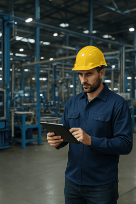 Maintenance guy using eWorkOrders Integrate Real-Time Sensor Data for machine maintenance.