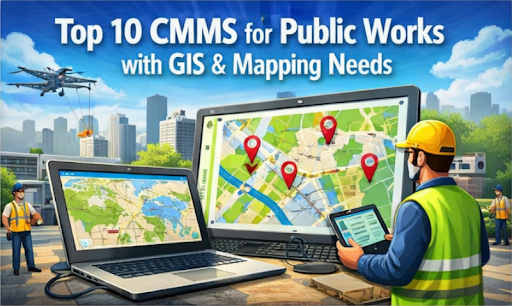 Public works CMMS displaying GIS maps and asset locations.