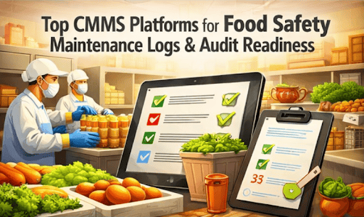 Food safety team reviewing maintenance logs on CMMS tablets.