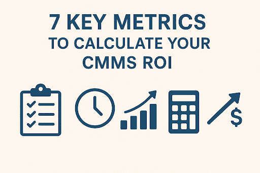  Landscape cover image with the title ‘7 Key Metrics to Calculate Your CMMS ROI’ in bold dark blue text on a light beige background.