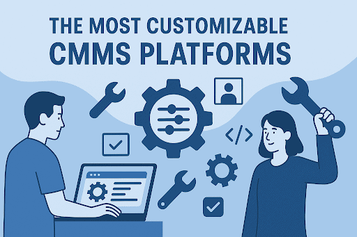 Illustration of two people working with CMMS software; one uses a laptop displaying a gear interface, and the other holds a wrench. Between them is a large gear icon with sliders, surrounded by maintenance-related icons.  