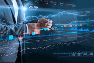 Financial data analysis with stock market charts and graphs.
