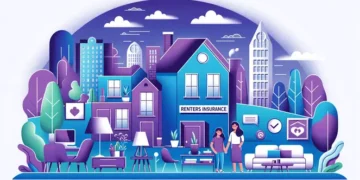 An attractive landscape illustration for a cover article on renters insurance, featuring the color scheme of purple and blue. - Digenerate oleh ChatGPT4o