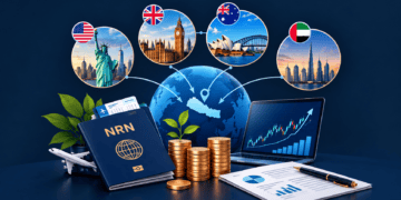 NRN investment in Nepal illustrated with US, UK, Australia and UAE connections, Nepal globe, passport, investment coins, stock growth chart and financial documents