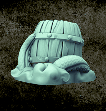 3D printed Kraken fantasy dice box shaped like a wooden barrel wrapped in curling tentacles.