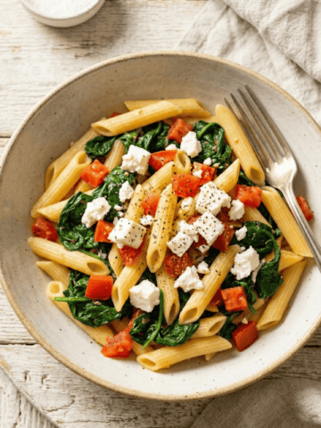 Close up of a bowl of Spinach Feta pasta