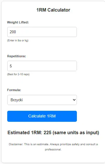 1RM Calculator tool example
