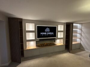 Media Wall Slat Panelling Oak Worktop Smart Lighting Storage
