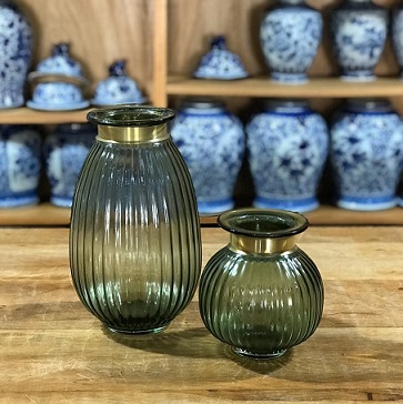 Vaso vidro verde faixa ouro