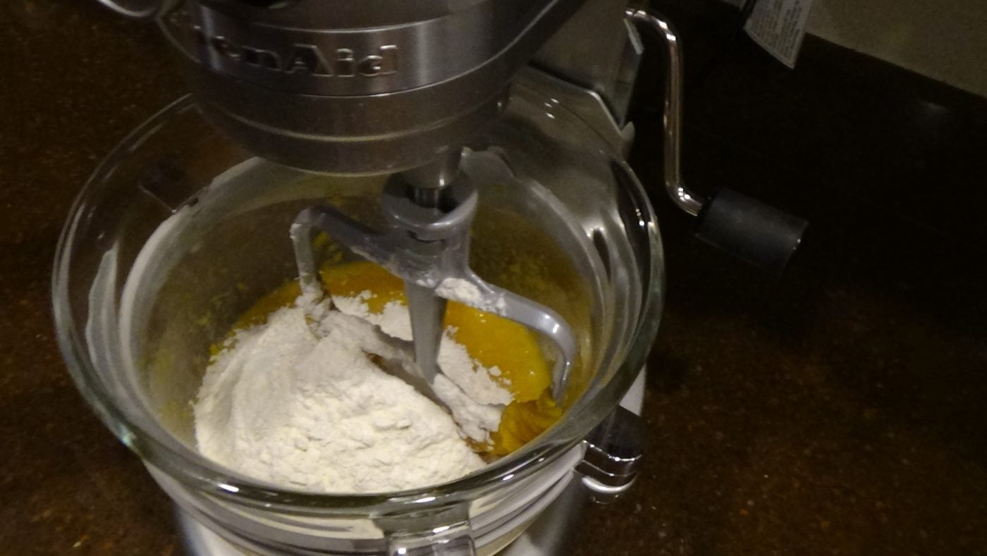 Pumpkin cake ingredients mixed using KitchenAid